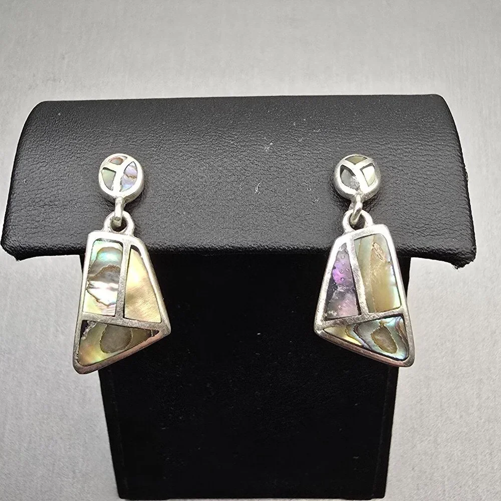 VTG Carol Felley Sterling Silver Abalone Mosaic Dangle Earrings 1" Signed CFJ - Picture 1 of 9